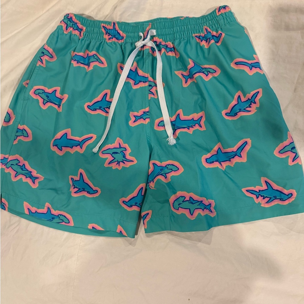 chubbies Teal Swim Shorts with Pink & Blue Shark Print